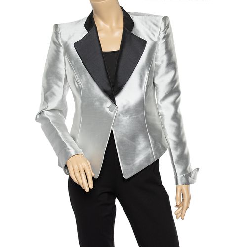 Emporio Armani Metallic Silver Synthetic Contrast Detail Cropped Blazer L - Emporio Armani - Modalova