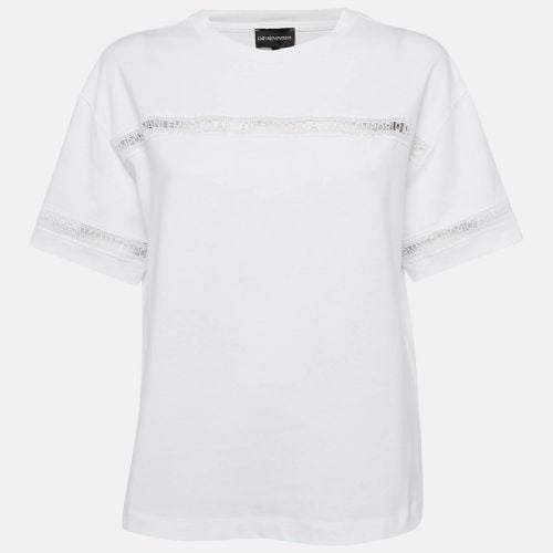 Emporio Armani White Cotton Logo Lace Trimmed T-Shirt M - Emporio Armani - Modalova