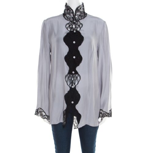 Emporio Armani Pearl Grey Silk Contrast Scalloped Lace Trim Flared Sleeve Shirt L - Emporio Armani - Modalova