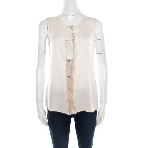 Elie Tahari Cream Silk Contrast Placket Ruffle Detail Sleeveless Blouse S - Elie Tahari - Modalova