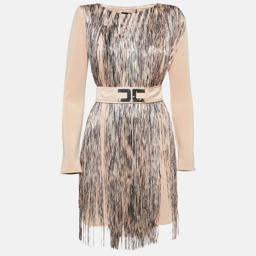 Elisabetta Franchi Beige Fringed Jersey Belted Midi Dress M - Elisabetta Franchi - Modalova