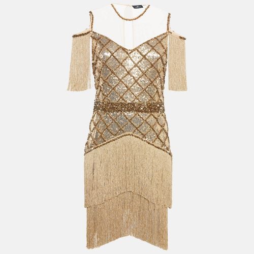 Elisabetta Franchi Gold Sequin Tulle Fringed Mini Dress L - Elisabetta Franchi - Modalova