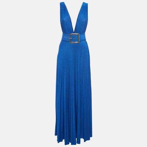 Elisabetta Franchi Blue Lurex Jersey Plunging Neck Plisse Maxi Dress S - Elisabetta Franchi - Modalova