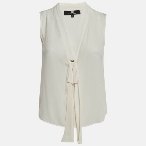 Elisabetta Franchi White Crepe V-Neck Bow Detail Top M - Elisabetta Franchi - Modalova