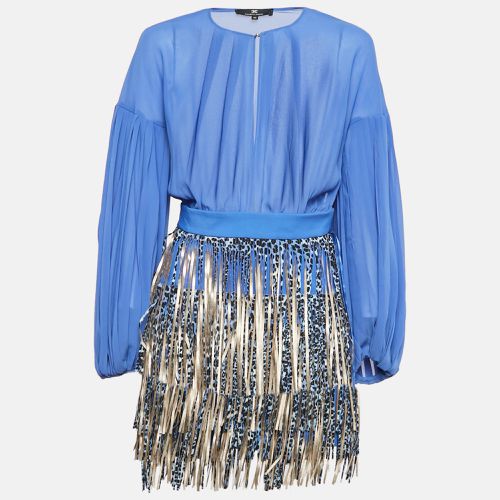 Elisabetta Franchi Blue Crepe Detachable Fringed Skirt Mini Dress M - Elisabetta Franchi - Modalova