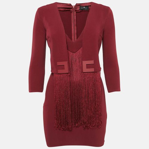 Elisabetta Franchi Burgundy Fringed Crepe Mini Dress S - Elisabetta Franchi - Modalova