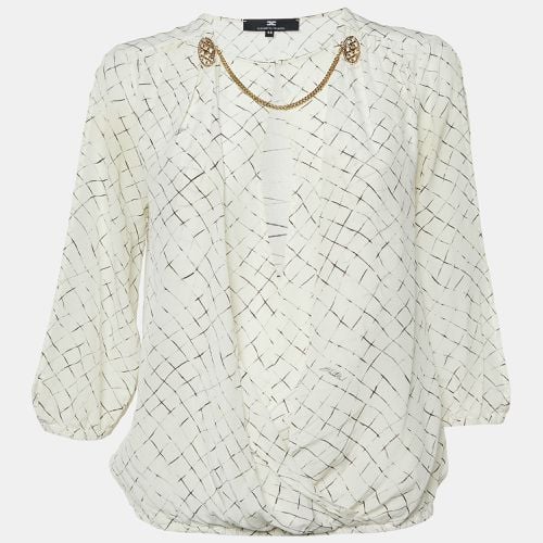 Elisabetta Franchi White Checks Print Silk Brooches Detail Top M - Elisabetta Franchi - Modalova