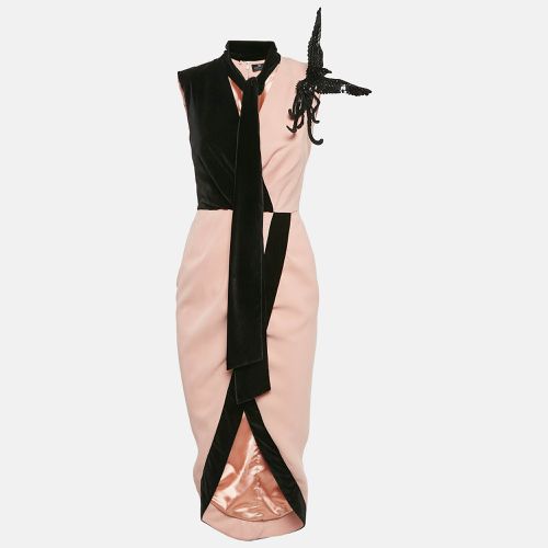 Elisabetta Franchi Pink/Black Sequin Bird Applique Crepe and Velvet Draped Midi Dress S - Elisabetta Franchi - Modalova