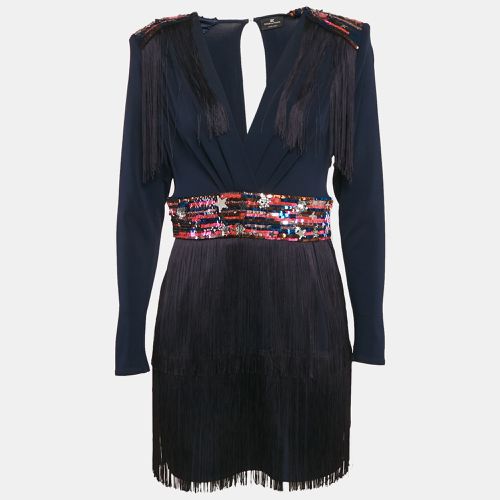 Elisabetta Franchi Navy Blue Sequin Embellishment Jersey Fringed Mini Dress M - Elisabetta Franchi - Modalova