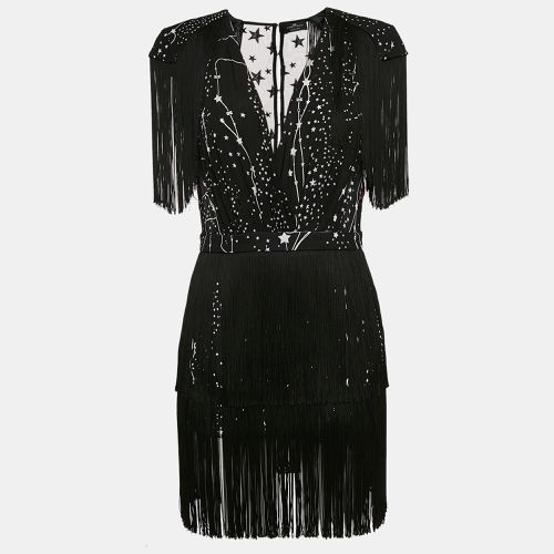 Elisabetta Franchi Black Star Print Crepe Fringed Mini Dress M - Elisabetta Franchi - Modalova