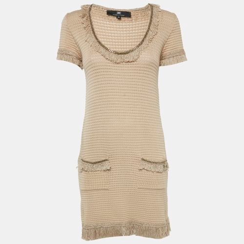 Elisabetta Franchi Beige Cotton Blend Knit Fringed Mini Dress M - Elisabetta Franchi - Modalova