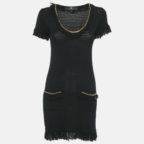 Elisabetta Franchi Black Cotton Blend Knit Fringed Mini Dress M - Elisabetta Franchi - Modalova