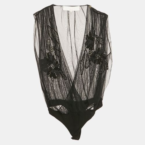 Elisabetta Franchi Gold Black Embellished Tulle Sleeveless Bodysuit S - Elisabetta Franchi - Modalova