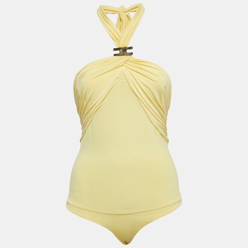 Elisabetta Franchi Yellow Metallic Logo Jersey Ruched Tie-Up Neck Bodysuit S - Elisabetta Franchi - Modalova