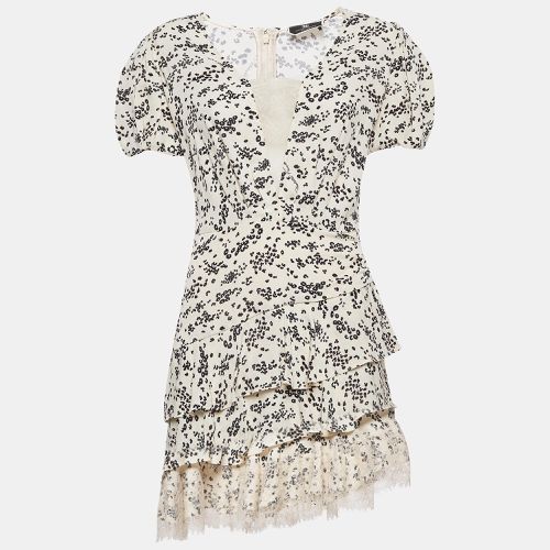 Elisabetta Franchi Cream Floral Print Lace Trim Crepe Tiered Mini Dress M - Elisabetta Franchi - Modalova