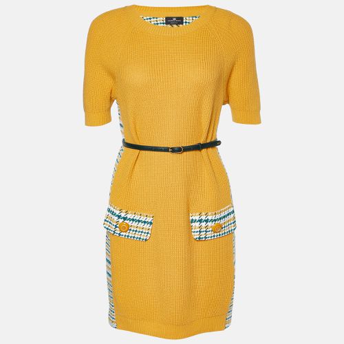 Elisabetta Franchi Yellow Houndstooth Knit Belted Dress S - Elisabetta Franchi - Modalova