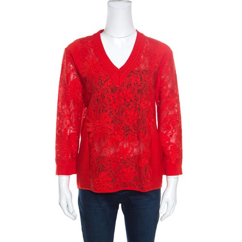 Ermanno Scervino Red Lace Paneled V Neck Sweater M - Ermanno Scervino - Modalova