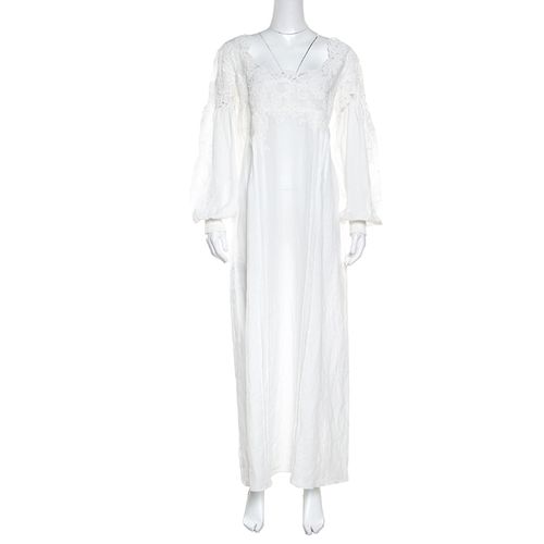 Ermanno Scervino White Floral Embroidered Lace Overlay Long Sleeve Ramie Dress M - Ermanno Scervino - Modalova