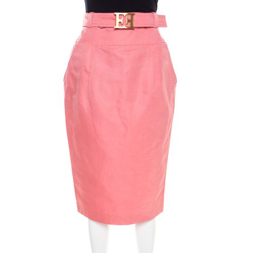 Escada Pink Slub Linen and Silk Logo Belt Detail High Waist Skirt M - Escada - Modalova