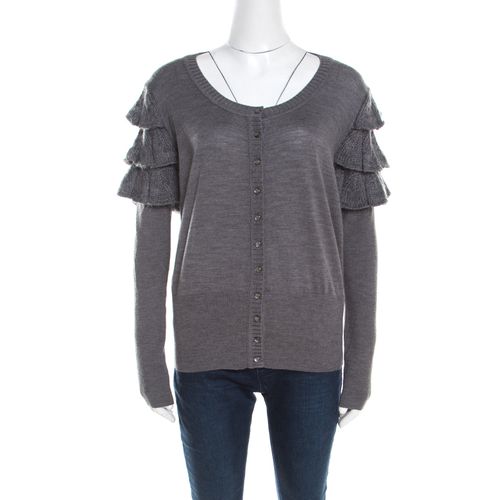 Escada Grey Wool and Mohair Ruffled Sleeve Detail Button Front Cardigan L - Escada - Modalova