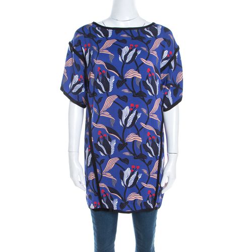 Escada Ink Blue Floral Print Silk Blend Naternia Tunic Top M - Escada - Modalova