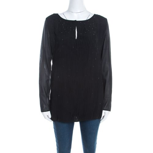 Escada Black Pintucked Pleat Silk Crystal Embellished Long Sleeve Blouse M - Escada - Modalova