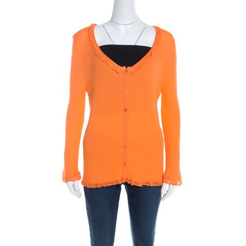 Escada Orange Rib Knit Crochet Trim Button Front Cardigan L - Escada - Modalova