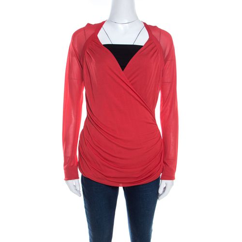 Escada Red Knit Ruched Crossover Front Long Sleeve Top L - Escada - Modalova