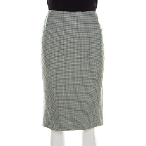 Escada Green and White Mini Houndstooth Pattern Wool Rowena Pencil Skirt L - Escada - Modalova