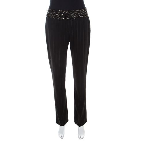 Escada Black Pinstriped Wool Embellished High Waist Detail Trousers S - Escada - Modalova