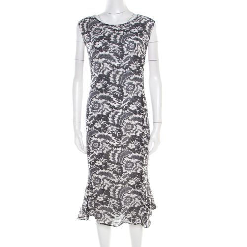 Escada Monochrome Lace Printed Silk Sleeveless Flounce Midi Dress XL - Escada - Modalova