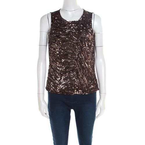 Escada Brown Sequin Embellished Nylon Mesh Sleeveless Top L - Escada - Modalova