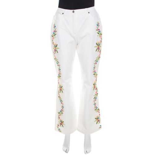 Escada White Cotton Stretch Denim Floral Embroidered Detail Flared Trousers M - Escada - Modalova