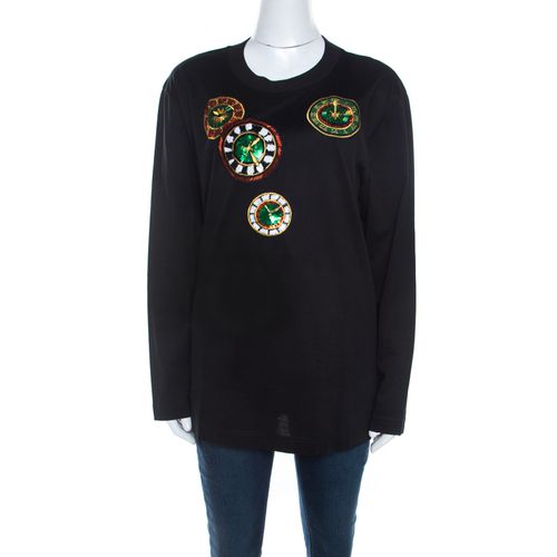 Escada Black Rib Knit Cotton Embellished Clock Applique Long Sleeve Top L - Escada - Modalova