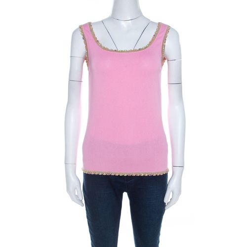 Escada Baby Pink Stretch Knit Sequined Lace Trim Sleeveless Top M - Escada - Modalova