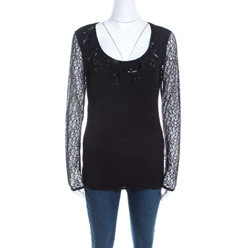 Escada Black Lace Overlay Jersey Crystal Embellished Scoop Neck Erbrou Top S - Escada - Modalova