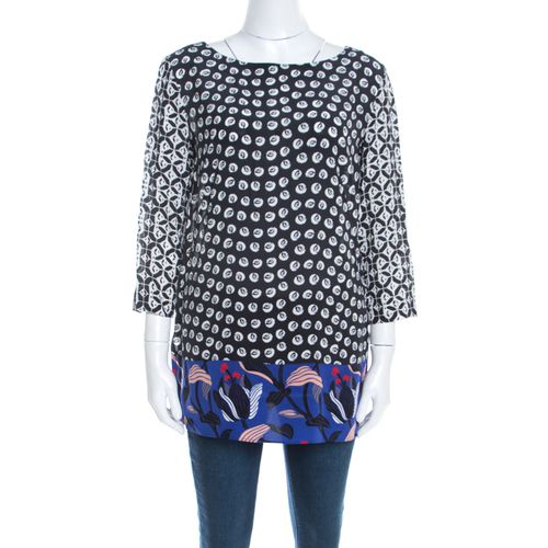 Rose Motif Print Silk Contrast Panel Narayanin Tunic Blouse M - Escada - Modalova