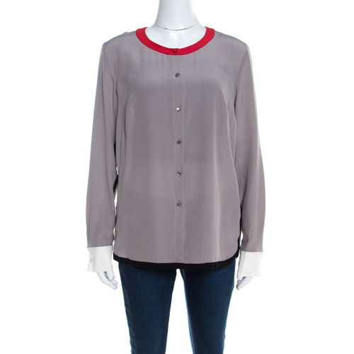 Escada Pewter Grey Silk Contrast Trim Long Sleeve Nendi Blouse M - Escada - Modalova