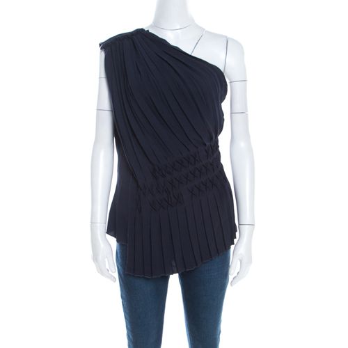 Escada Navy Blue Pleated Crepe Honeycomb Smocking Detail One Shoulder Nienke Top M - Escada - Modalova