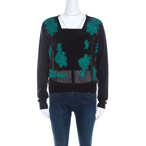 Escada Black Contrast Floral Embroidered Samaya Cropped Cardigan M - Escada - Modalova