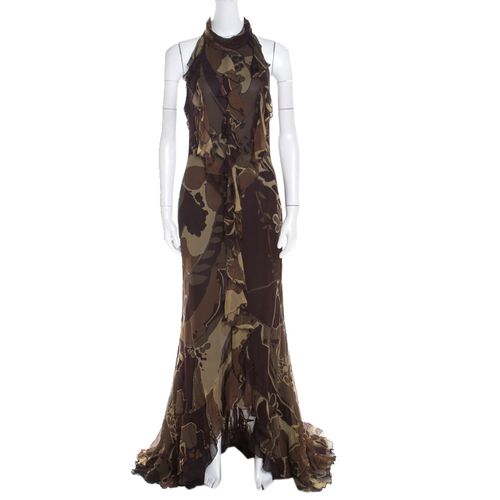 Escada Green and Brown Fauna Print Plisse Silk Ruffled Halter Maxi Dress M - Escada - Modalova