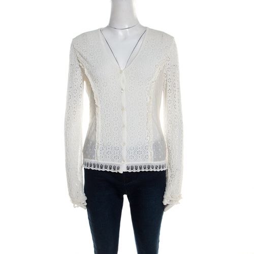 Escada Off White Multi Lace Paneled Long Sleeve Cardigan M - Escada - Modalova