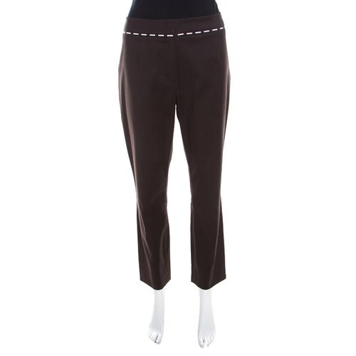 Escada Mocca Brown Stretch Cotton Embroidered Waist Detail Cropped Pants L - Escada - Modalova