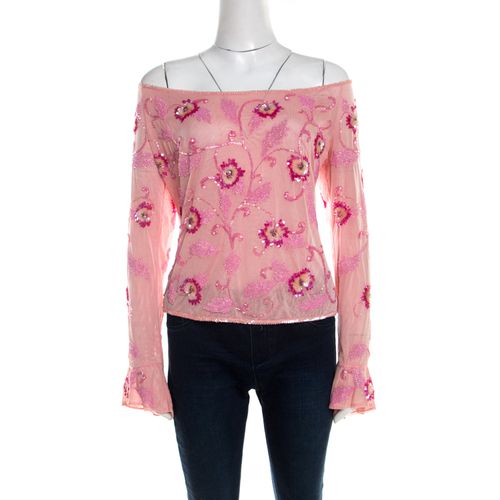 Escada Pink Tulle Overlay Floral Embellished Off Shoulder Blouse L - Escada - Modalova