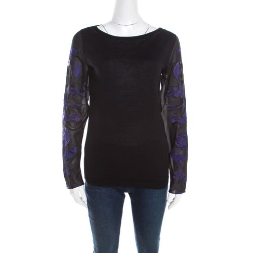 Escada Black Silk Wool Knit Floral Embroidered Long Sleeve Top S - Escada - Modalova