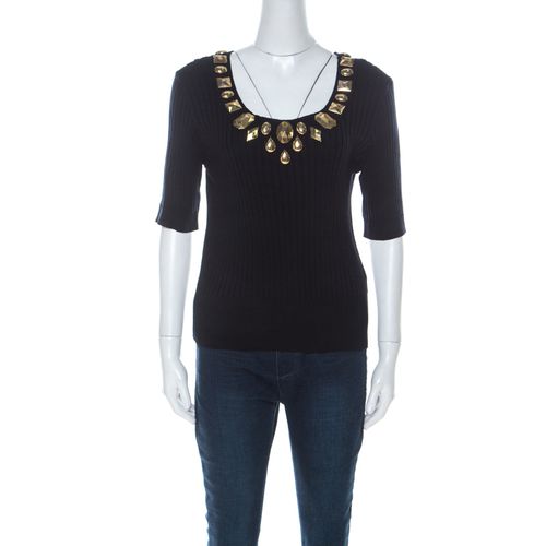 Escada Navy Blue Rib Knit Gold Embellished Neckline Three Quarter Sleeve Top M - Escada - Modalova