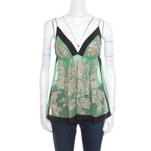 Etro Green Sheer Silk Sequined Floral Applique Detail Babydoll Top L - Etro - Modalova