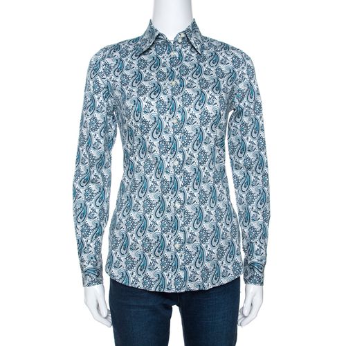 Etro Teal Blue Paisley Printed Stretch Cotton Shirt S - Etro - Modalova