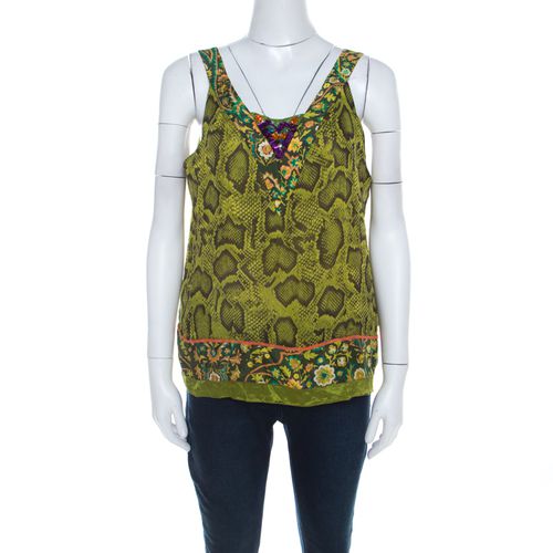 Etro Lime Green Snakeskin Print Silk Embellished Sleeveless Top L - Etro - Modalova