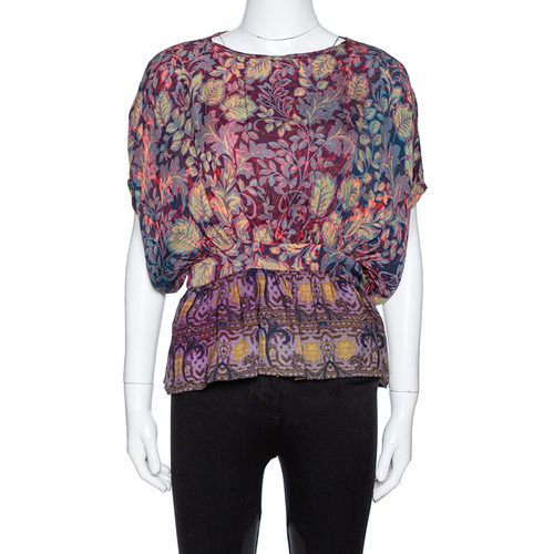 Etro Purple Leaf Print Silk Chiffon Peplum Blouse S - Etro - Modalova